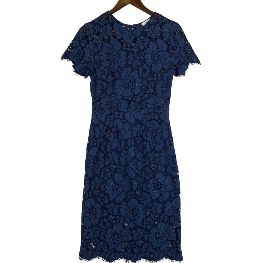 NSR Floral Lace Dress Women Small Navy Blue Lined Short Sleeve Knee Length EUC